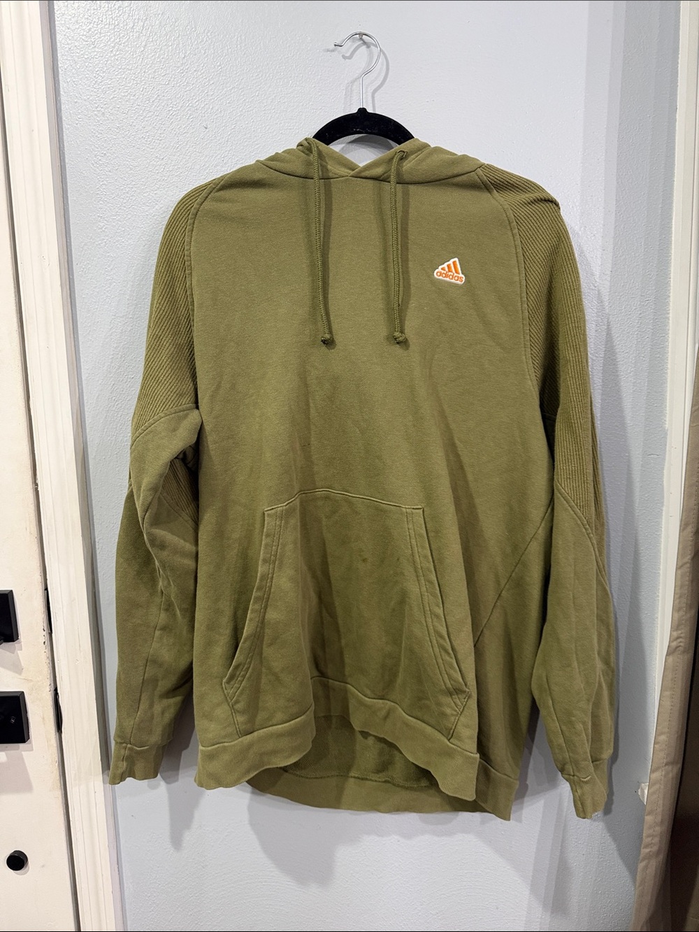 adidas Olive Green Pullover Hoodie with Orange Trefoil Patch